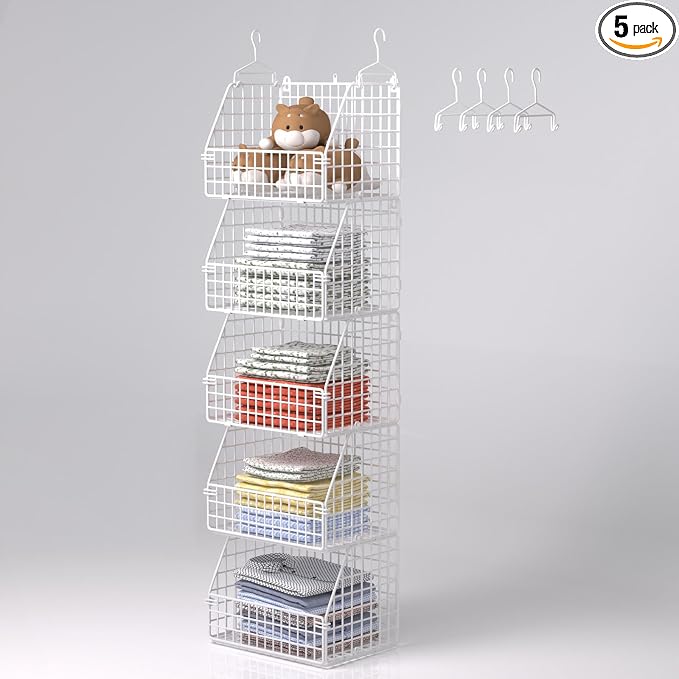 PUPPYCUTE Hanging Closet Organizer and Storage, Clothes Hanging Shelves Wire Baskets for Clothing Sweaters Purse Handbags Shoes White 5 Tier