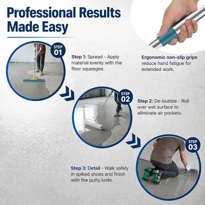 Complete Self-Leveling Concrete Tool Kit with Spiked Rollers | Includes 9 and 20 in spiked rollers, splash guard, extension poles, putty knife and spiked shoes
