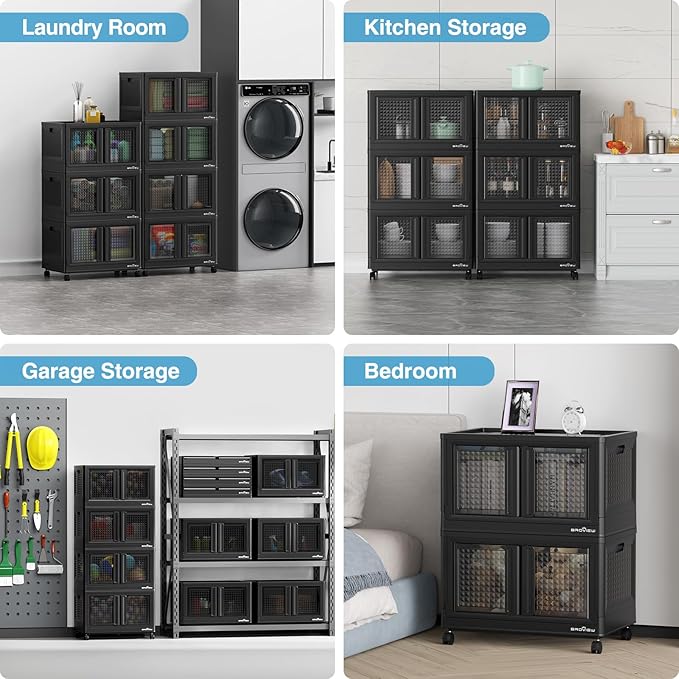 BROVIEW 120Gal Stackable Storage Bins with Lids & Wheels, 480Qt Plastic Collapsible Closet Organizer and Storage Drawers, Storage Boxes Cabinets for Home, Office, 6 Pack, Black