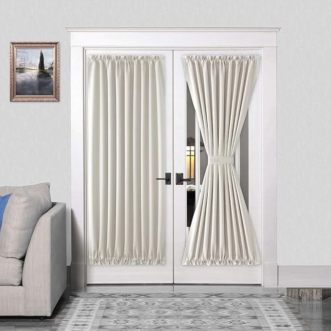 DWCN French Door Curtains – Rod Pocket Thermal Blackout Curtain for Doors with Glass Window, Kitchen and Patio Doors for Privacy, 54 X 72 Inches Long, 1 Curtain Panel with Tieback, Ivory