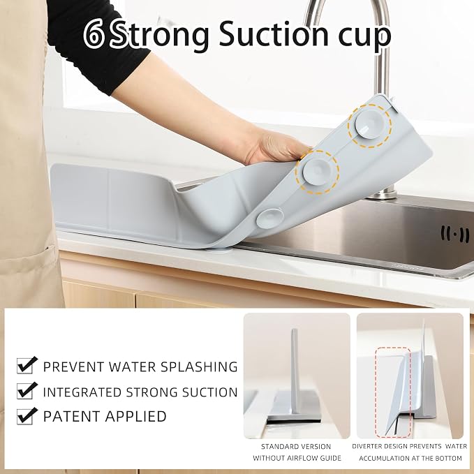 18" Upgraded Silicone Sink Splash Guard Released in 2026,Self-Draining Water Splash Guard for Kitchen Sink,Bathroom and Kitchen Island,with 3.5" High Splash Guard & 6 Strong Suction Cup(Grey)