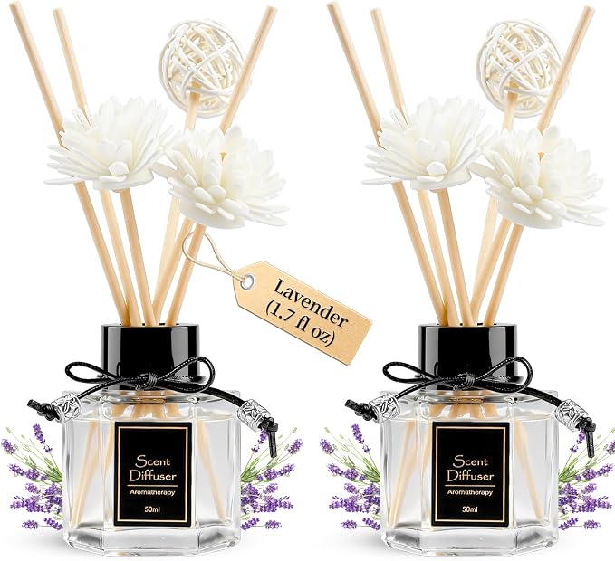 TonJin 2PCS Lavender Reed Diffuser Set 1.7 fl oz with 6 Scent Sticks, Calming Essential Oil Diffuser Sticks for Home, Relaxing Home Fragrance for Bedroom & Bathroom, Natural Non-Toxic Air Freshener