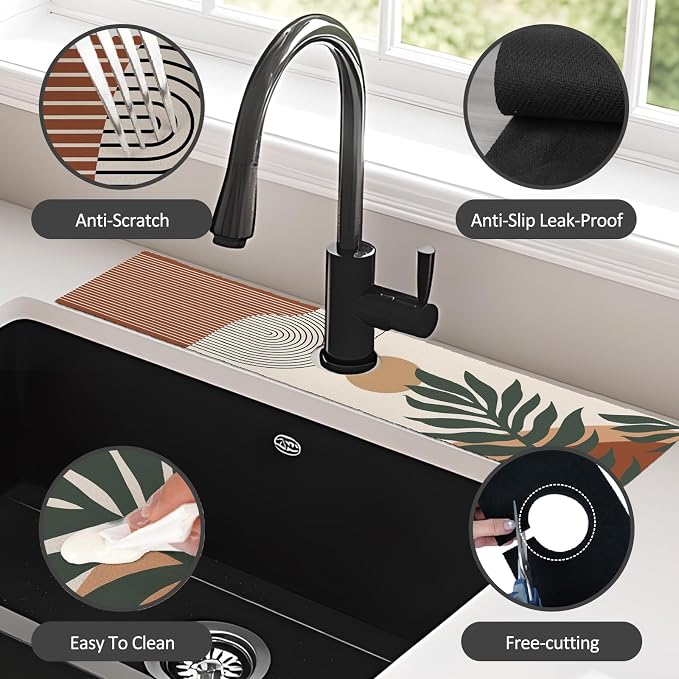 2PCS 24" X 5.5" Kitchen Sink Splash Guard Faucet Mat Boho Super Absorbent Fast Drying Faucet Guard & Draining Mat Sink Splash Guard Behind Faucet for Kitchen, Bathroom