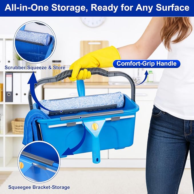 Professional Window Cleaning Kit, Window Washing Kit with 3 Gallon Bucket, 14-Inch Squeegee, 15-Inch Scrubber, 61-Inch Extendable Pole, Set of Window Cleaning Equipment for Home & Commercial Use