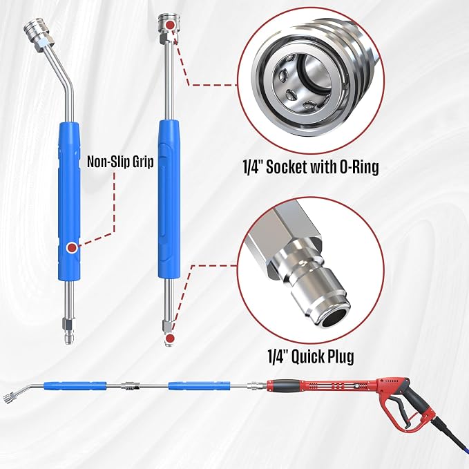 17 Inch Pressure Washer Extension Wand, 4000 PSI Stainless Steel | Power Washer Lance with Non-Slip Grip, 30° Curved & Straight Wand Set, 1/4" Quick Connect Car Wash Wand, 2 Pack