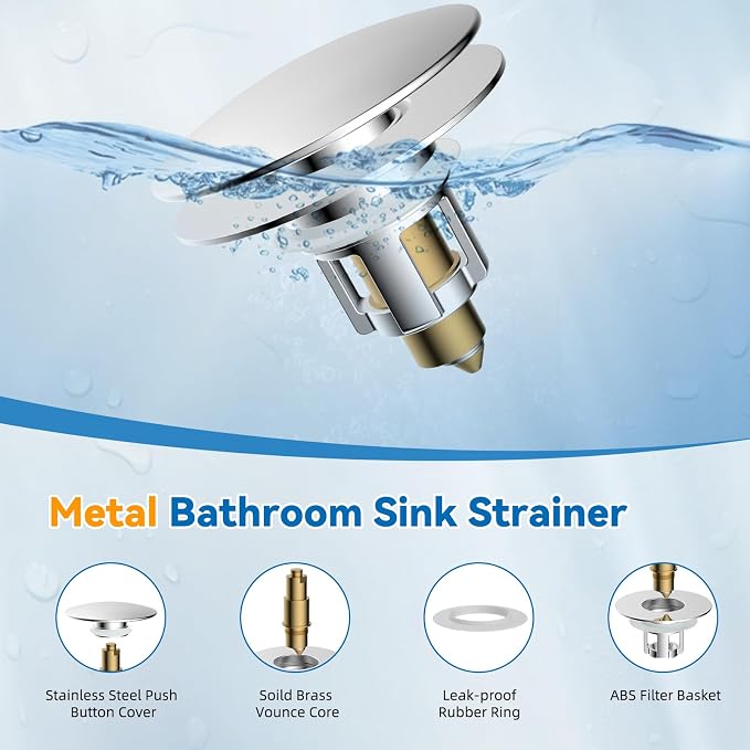 2 Pack Universal Metal Bathroom Sink Stopper, Hair Catcher Strainer, Chrome | Pop-Up Sink Drain Strainer with Detachable Filter, Drain Plug Fits 1.1"-2.36" US Basin, Large Cover Cap, Brass Bounce Core