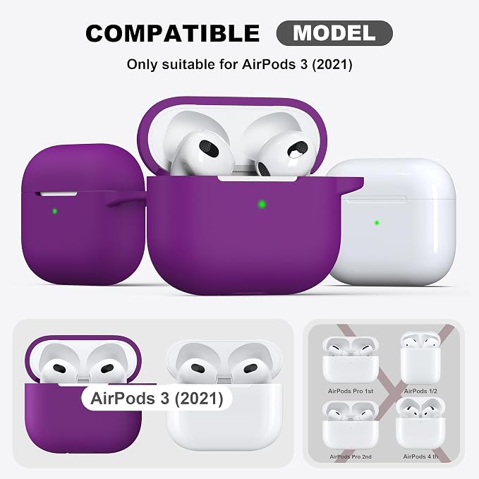 R-fun Compatible with AirPods 3 Case Cover, Silicone Protective Accessories Skin with Keychain Compatible with Apple AirPod 3rd Generation 2021 for Women Men Girls Boys,Front LED Visible,Plum