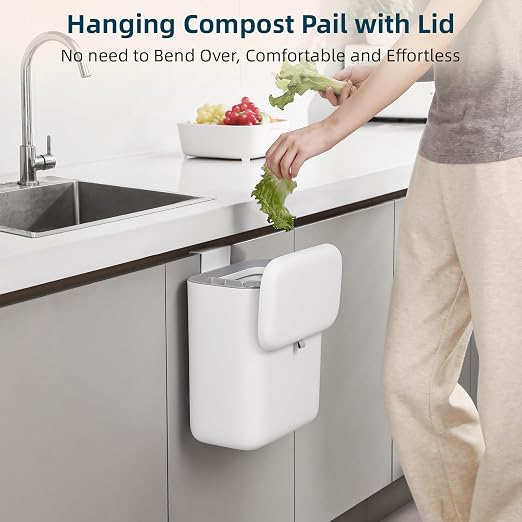 MUEE Compost Bin Kitchen for Counter Top or Under Sink 1.3 Gal/5L | Hanging Small Trash Can with Lid, Food Waste Bin, Mountable Garbage Can for Cupboard/Bathroom/Bedroom/Office/RV, Matte White