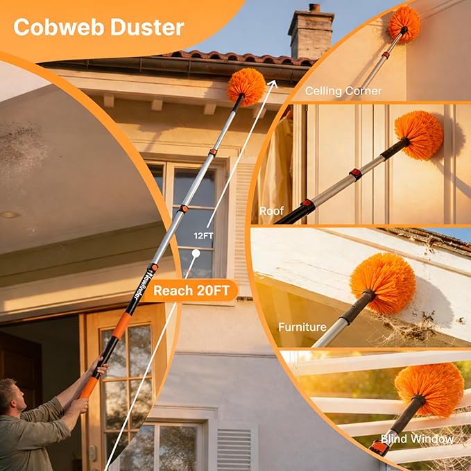 20ft Light Bulb Changer & High Ceiling Duster Kit, 4-12ft Extension Pole | 9Pcs High Duster Kit - Heavy Duty Extansion Pole, Ceiling Fan Duster, Cobweb & Microfiber Duster, Window Squeegee & Cleaner