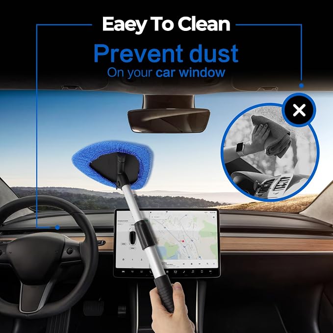 Windshield Cleaner Tool 22.5" L - Car Interior&Exterior Window Cleaning Kit with Extendable Handle&4 Microfiber Pads and Thick Large Wash Sponge, Auto Glass Wiper Brush Kit for Cars Home (7pcs Blue)