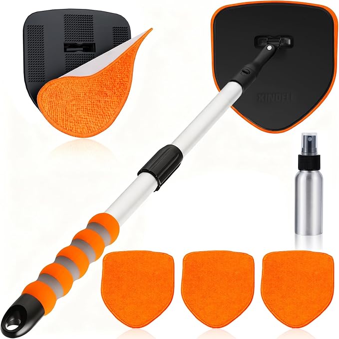 XINDELL Interior Windshield Cleaner Tool, Car Window Cleaning Kit with 4 Reusable Microfiber Pads, Extendable Handle & 360° Rotating Head, Streak-Free Auto Glass Wiper for Truck SUV RV
