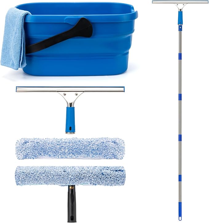 Professional Window Cleaning Kit with Collapsible Bucket 3 Gallon, 65 Inch | 14" Window Squeegee and 15" Microfiber Scrubber Window Washing Equipment Window Cleaner Tool for Outdoor Commercial Household