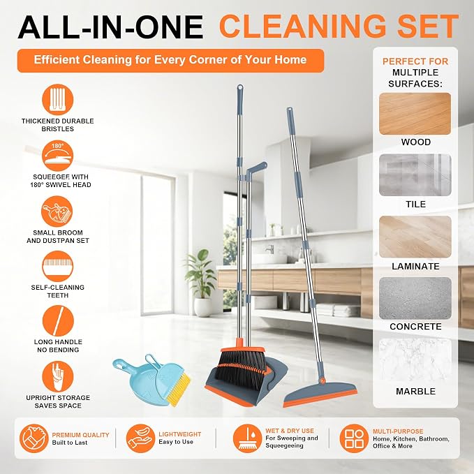 Broom and Dustpan Combo Set, 52" Long Handle with Squeegee & Mini Set | Orange Complete Cleaning Kit, Floor Squeegee for Wet & Dry Messes, Built-in Comb Dustpan, Mini Broom Set，for Home & Pet Areas
