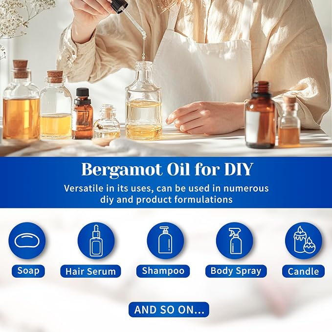 HIQILI Bergamot Essential Oil for Diffuser, Skin & Hair | Creates a Calming Atmosphere for Home and Office, Works for Skin, DIY and More, with 10ml Travel Bottle -100ml / 3.38 fl oz
