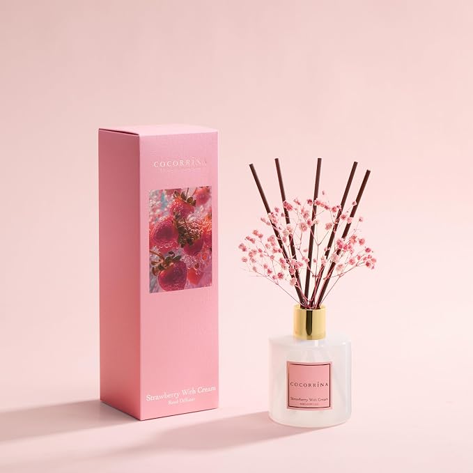 Reed Diffuser - Strawberry with Cream 6.7 fl oz Reed Diffuser with Sticks, Home Bedrrom Bathroom Shelf Decor