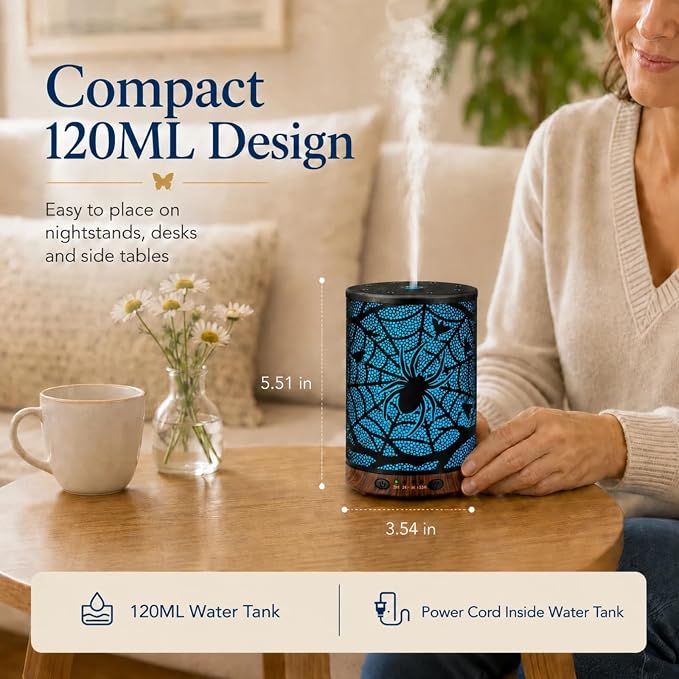 Essential Oil Diffuser 120ML Metal Aromatherapy Diffuser with Timer, Cool Mist Humidifier with Auto Shut-Off & 7 Color Lights for Home Office Spa (Spider Web)