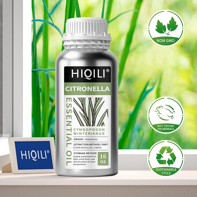 HIQILI Citronella Oil for Diffusers & Homemade Sprays | Large Volume Ideal for Outdoor & Indoor Use, A Professional Choice for DIY Sprays Soap & Candles - 500mL / 16 fl oz