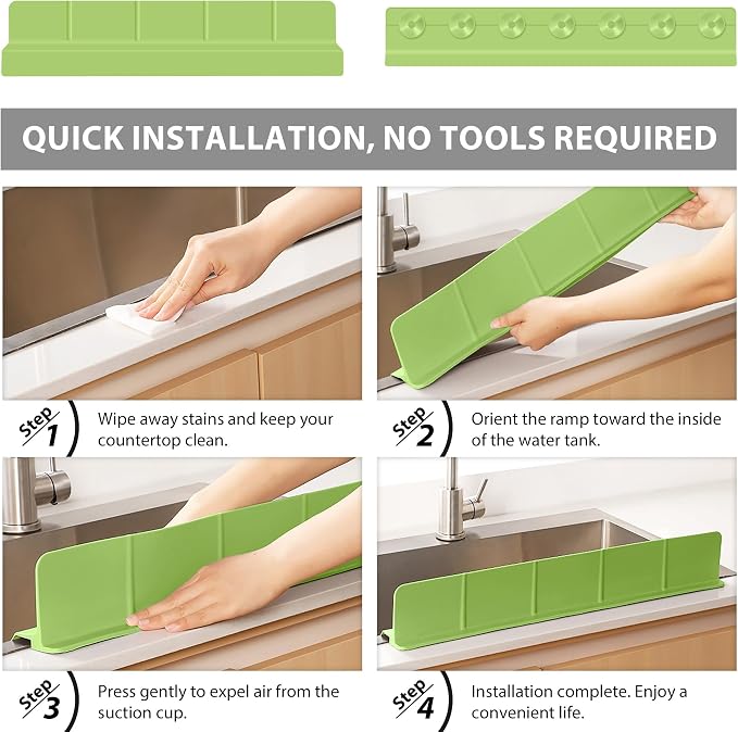 23Inch Sink Splash Guard – Extended Length & Tall Silicone Kitchen Sink Splash Guard with Overhang Drainage Design & Strong Suction Cups for Countertop (Green, 23''x3.5'')