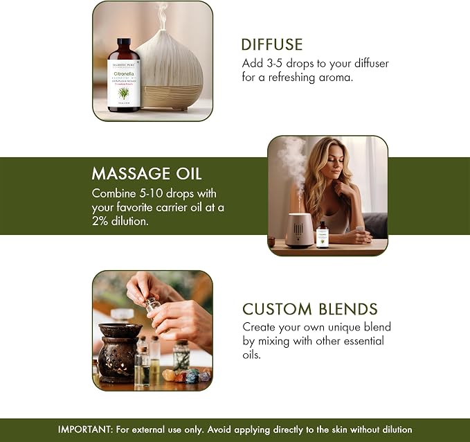 Majestic Pure Citronella Essential Oil for Diffuser - 4 Fl Oz | 100% Pure & Natural Essentials Oils for aromatherapy, massage blends and DIY home fragrance projects, Massage and room sprays