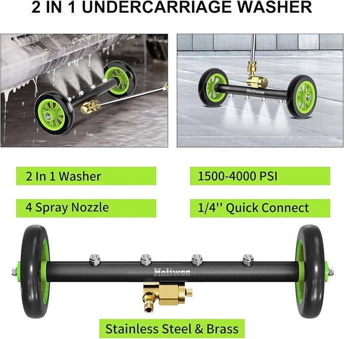 Undercarriage Pressure Washer Attachment 16 inch, Water Broom 4000 PSI | Heliwoo Dual Function Power Washer Surface Cleaner with 4 Nozzles & 3pcs 1/4’’ QC Extension Wand for Chassis Driveway Yard