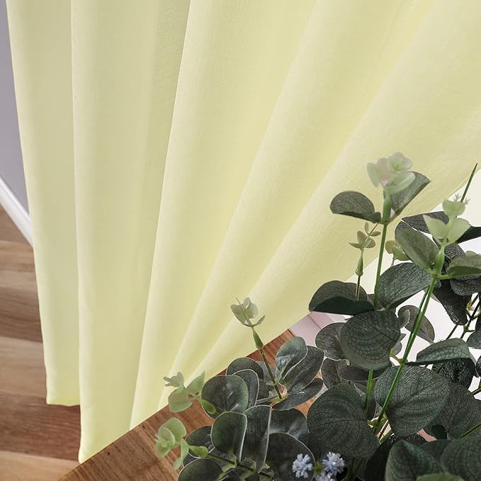 Tollpiz Short Sheer Tier Curtains Linen Textured Half Kitchen Curtain Sheers Light Filtering Rod Pocket Voile Small Curtain for Bathroom, 25 x 24 inches Long, Transparent Yellow, Set of 2 Panels