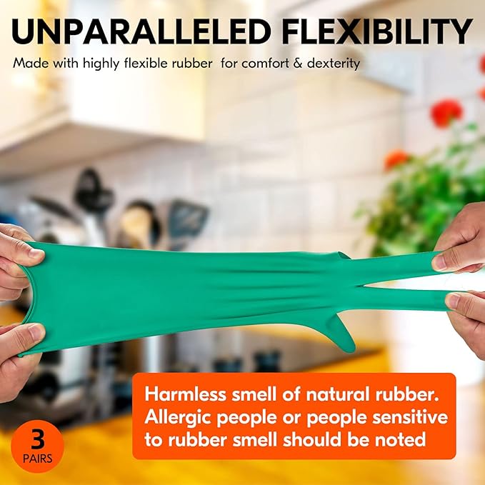 Vgo... 3-Pairs Reusable Household Gloves, Rubber Dishwashing gloves, Extra Thickness, Long Sleeves, Kitchen Cleaning, Working, Painting, Gardening, Pet Care (Size L, Green, HH4601)