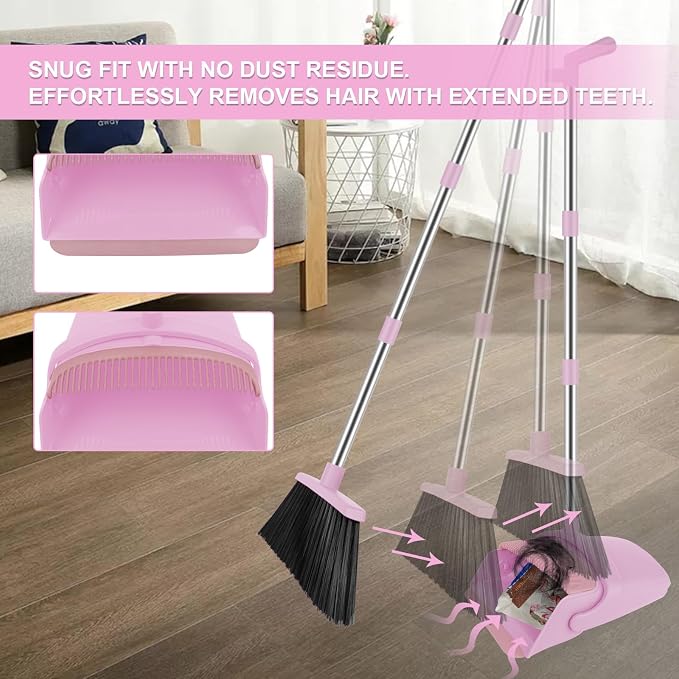 Broom and Dustpan Combo Set, 52" Long Handle with Squeegee & Mini Set | Pink Complete Cleaning Kit, Built-in Comb Dustpan, Floor Squeegee for Wet & Dry Messes, Mini Broom Set，for Home & Pet Areas