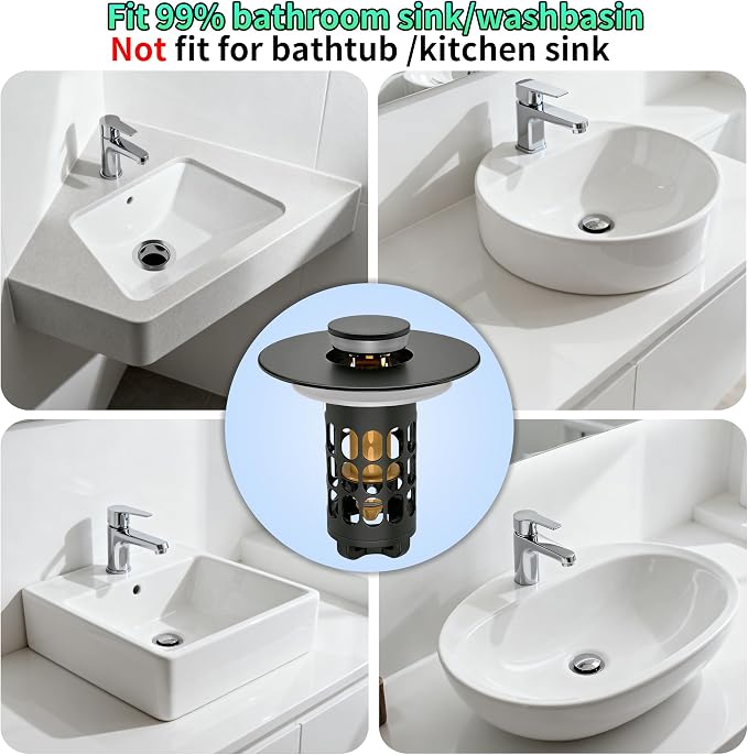 Sink Stopper Bathroom Drain,Universal Bathroom Sink Drain Strainer with Anti-Clogging Basket,Bathroom Sink Stopper Hair Catcher for 1.06"~1.61" Drain Hole