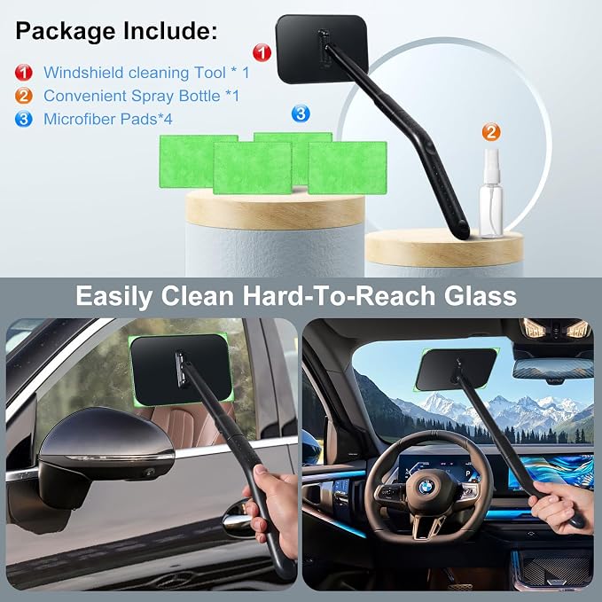 Windshield Cleaning Tool, Windshield Cleaning Wand Car Window Cleaner with 4 Washable Reusable Microfiber Pads, Detachable Long Handle Glass Wiper Cleaning Kit for Auto Glass, Trucks, SUVs, RVs, Home