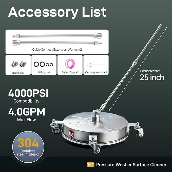 TOR 15" Pressure Washer Surface Cleaner with 4 Wheels, Surface Cleaner for Pressure Washer, 2 Extension Wands, 2 Replacement Nozzles, Power Washer Surface Cleaner for Concrete, Driveway