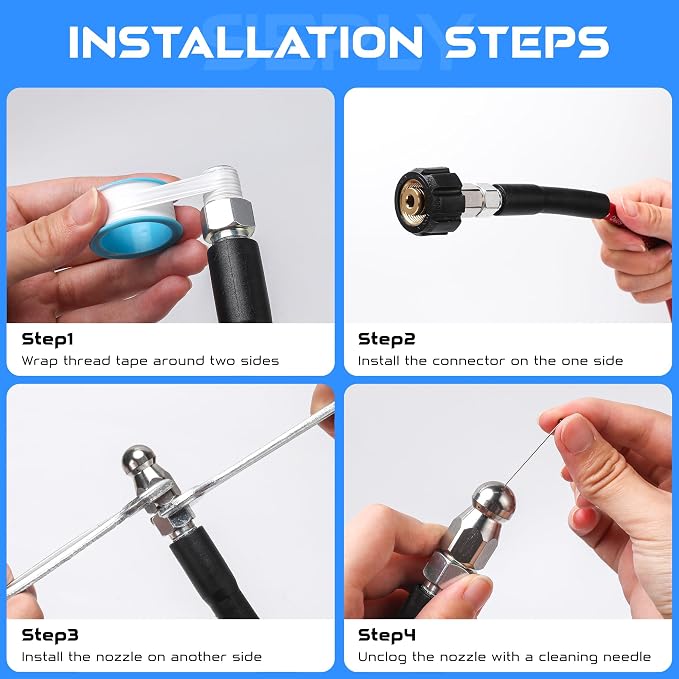Sewer Jetter Kit for Pressure Washer, 50FT 5800 PSI Drain Cleaner Hose with 1/4" NPT Corner, Rotating and Button Hose Sewer Jetting Nozzle, Waterproof Tape, Pearl Corsage Pin, Spanner, Glove