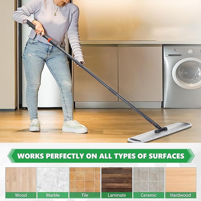 24 Inch Flat Floor Mop Heavy Duty Microfiber Wet Mop Commercial Mop | 4 Cloths Included Long Handle Made of High-quality Aluminum Frame Lightweight