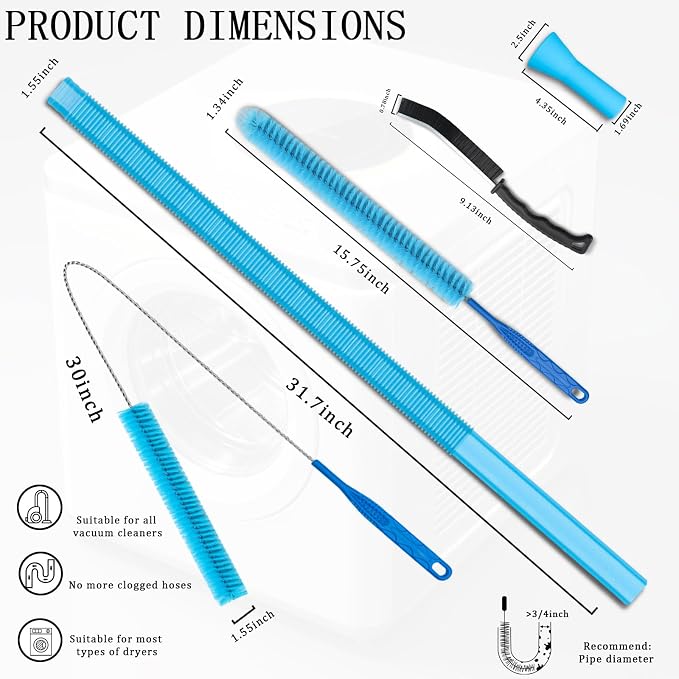 Dryer Vent Cleaner Kit with Flexible Vacuum Hose Attachments - Universal Lint Brush Tool Set for Clothes Dryer Cleaning, Shop Vac Accessories, Lint Trap Cleaner & Home Maintenance Essentials