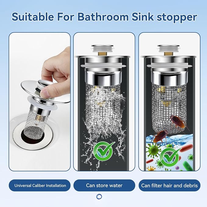 Universal Bathroom Sink Stopper & Hair Catcher, Stainless Steel Drain Filter Strainer, Anti-Clog Pop Up Drain Stopper for US Standard Bathroom Sinks (1PCS)