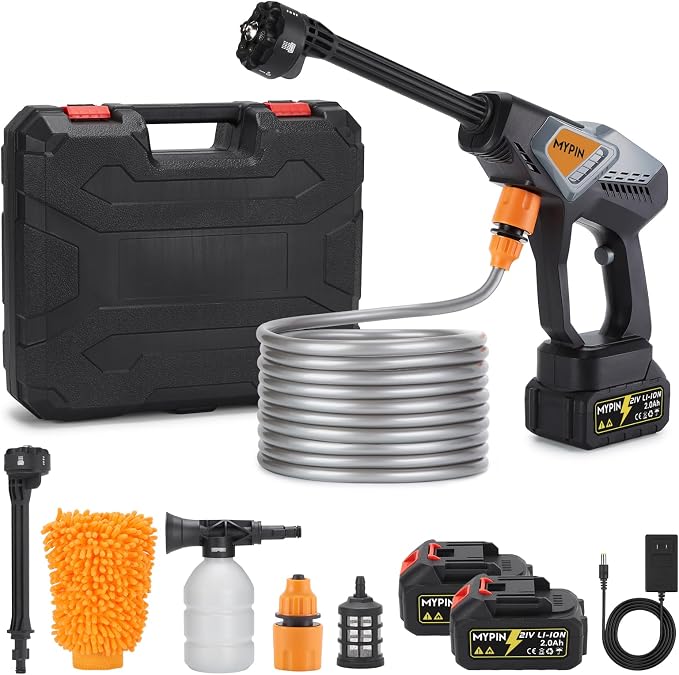 Portable Cordless Pressure Washer,600PSI Handheld Car Washer Two Batteries | 21V Rechargeable 2.0Ah Powered Pressure Washer, 6-in-1 Nozzle Operated Washer for Car/Fence/Garden/Floor/Yards/Pet Cleaning