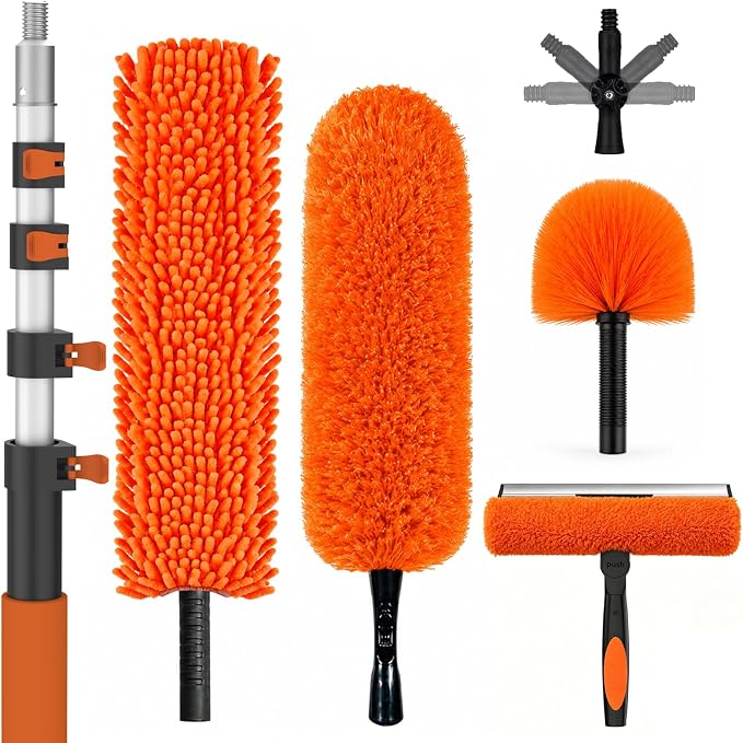 SISUPASSIE 26FT Reach High Ceiling Duster Kit, Window Cleaning kit with 5-20FT Extension Pole, Fan Duster for Ceiling Fan Blades, Microfiber Feather Duster, Rotatable Window Squeegee and Cobweb Duster