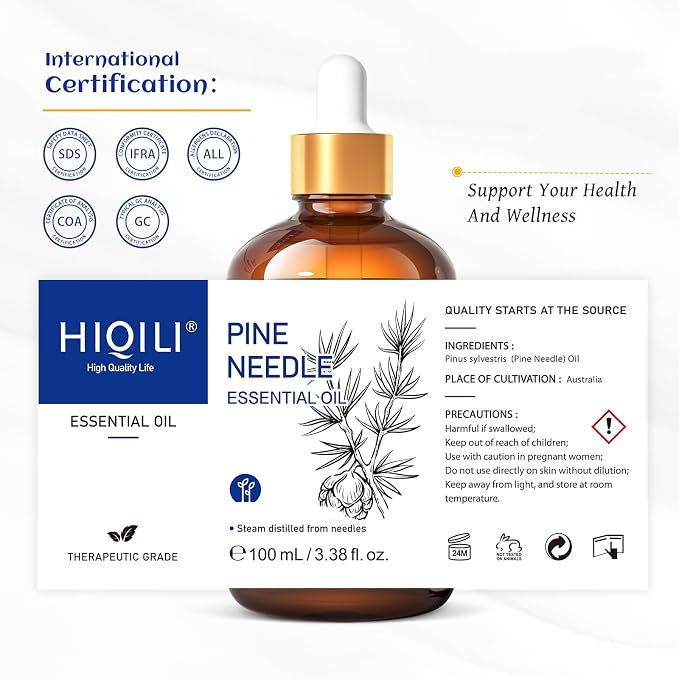 HIQILI Pine Needle Essential Oil for Skin, Candle Making, Cleaning Spray | Creating a fresh, woody scent for aromatherapy, DIY shampoo, soap, and beard care - 100ml / 3.38 fl oz