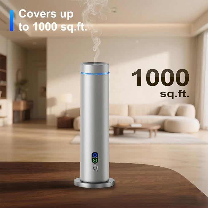 Waterless Diffuser, Essential Oil Diffuser, 1000 Sq.Ft Coverage Scent Diffuser – Plug-in Only, Adjustable Mist, Remote, Mood Lights for Home & Office, Large Room, Hotel, Silver