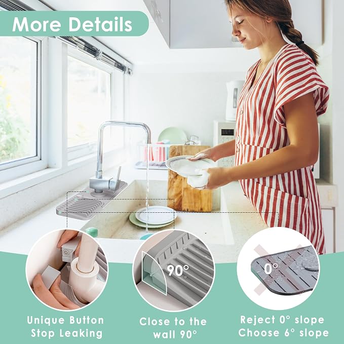 24 Inch Silicone Faucet Mat for Kitchen Sink Splash Guard - 7° Slope Water Draining Mat With Fasten Button for Bathroom Area (Gray, 17.7''x5.5'')