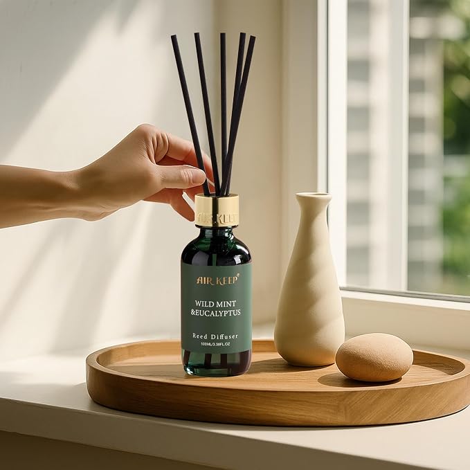 Reed Diffuser Set, 3.38 fl oz (100 ml) - Wild Mint&Eucalyptus Oil Diffusers with 8 Reed Sticks, Home Fragrance Reed Diffuser for Bathroom Shelf Decor