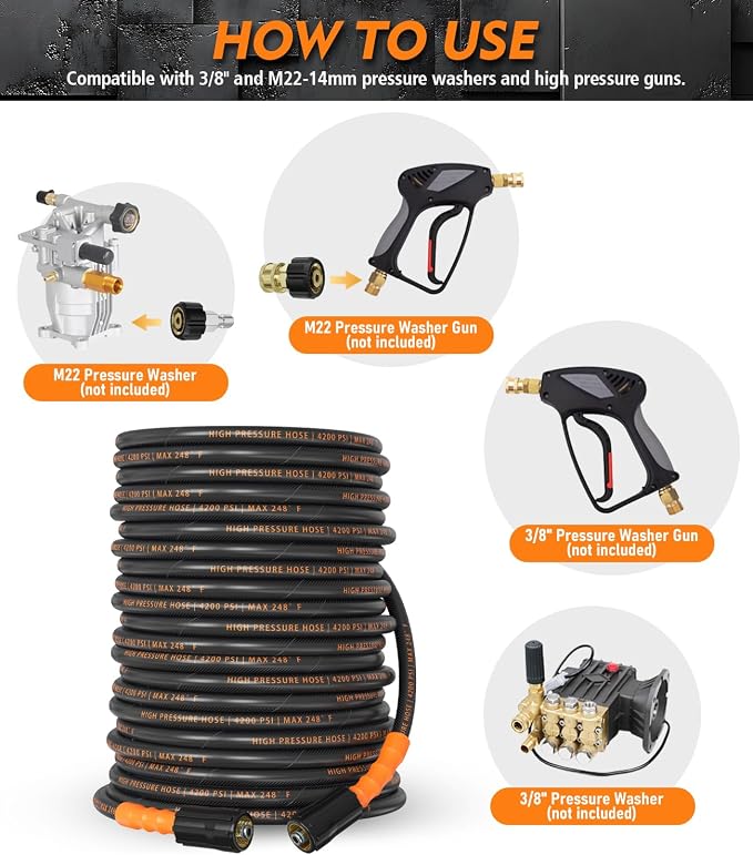 Pressure Washer Hose 50 ft, 4200 PSI Steel-Braided & Durable - Flexible & Kink-Resistant, Power Washer Hose with M22-14mm Stainless Steel Swivel Plug, Hot/Cold Water Compatible - Black