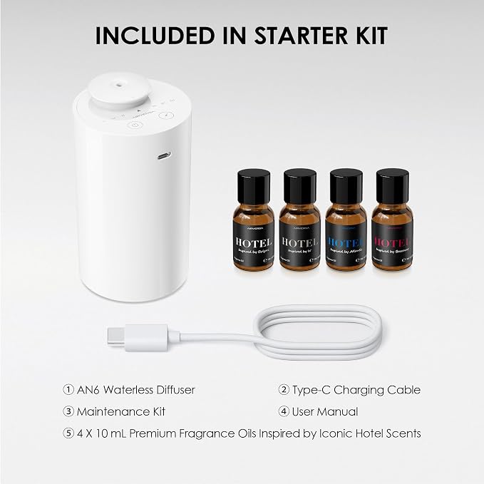 Airversa AN6 Waterless Essential Oil Diffuser Starter Kit, White | 4 x 10mL Hotel Scent Fragrance Oi, Up to 600 sq ftl, Battery Operated, Portable for Home Car Office, AN6Kit-4x10-01