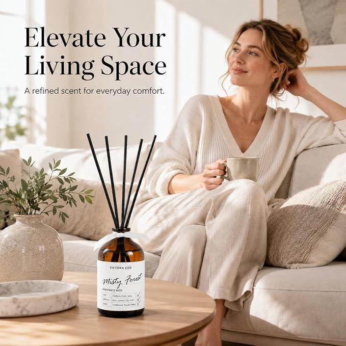 Misty Forest Reed Diffuser, 3.4 Fl Oz | Woody Forest Scent; Last for 12 Weeks for Bedroom, Bathroom, Living Room or Office; Gift-ready.