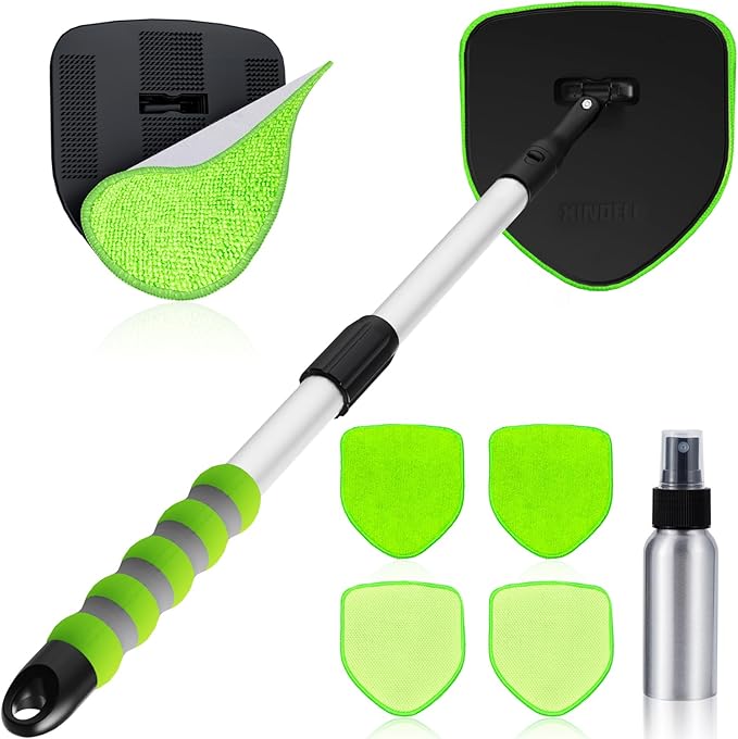 XINDELL Interior Windshield Cleaner Tool, Car Window Cleaning Kit with 4 Reusable Microfiber Pads, Extendable Handle & 360° Rotating Head, Safety Hammer, Streak-Free Auto Glass Wiper for Truck SUV RV