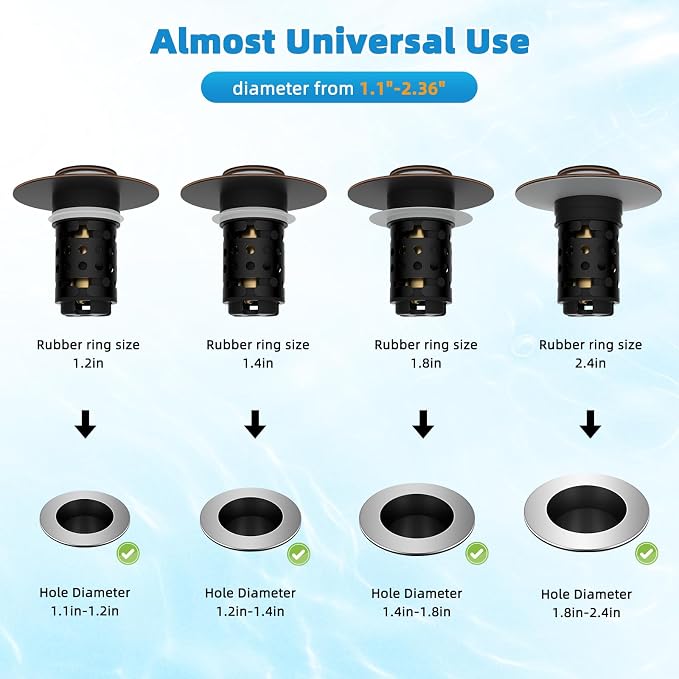 Universal Bathroom Sink Drain Stopper Hair Catcher, Oil Rubbed Bronze | Upgraded with 2-Layer Detachable Filter Basket, 4 in 1 Pop Up Drain Strainer, Anti-Clog, Fit for 1.1''~2.36'' Sinks