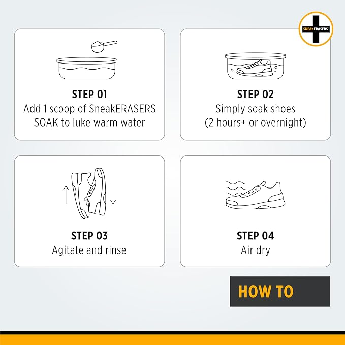 SneakERASERS Overnight Soak, Shoe and Sneaker Cleaner, Easy Detergent for Sneakers athletic shoes, and more. No fuss!