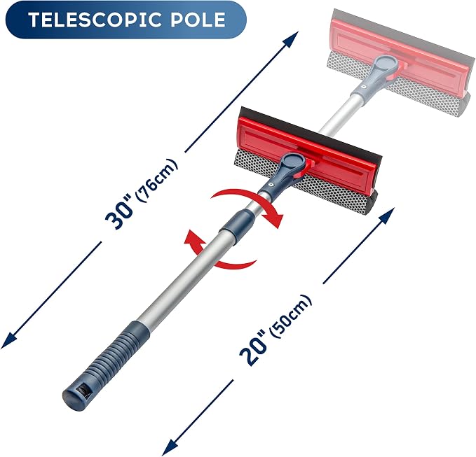 Professional Window Squeegee | 2-in-1 Window Cleaner Sponge and Soft Rubber Strip With Telescopic Extension Pole 20" - 30"(50cm-76cm) | Adjustable To Clean From Multiple Angles