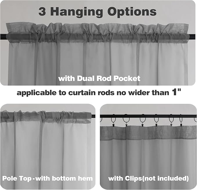Chyhomenyc Sheer Window Curtains 72 inch Length 2 PCS- Rod Pocket Living Room Curtain Panels Voile Textured Soft and Lightweight Window Treatments for Bedroom Decor, 42W x 72L Inches, Charcoal Grey
