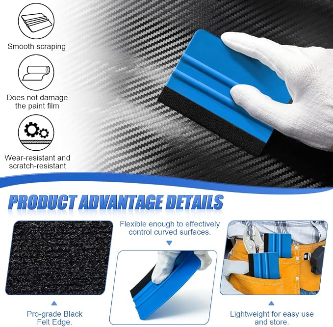 Sleek 4 Inch Plastic Felt Edge Squeegee - Vinyl Scraper Tool for Car Decals, Mini Squeegee Car Window Film Tinting Tool, Vinyl Wrap Wallpaper Smoothing Tool for Car Window Tint, Blue (2PCS)