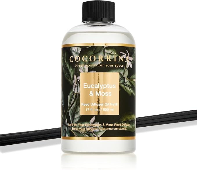 Reed Diffuser Refill Eucalyptus & Moss 17oz (500ml) with 8 Rattan Sticks - Premium Long-Lasting Essential Oil, Home Fragrance for Bedroom, Bathroom Home Decor